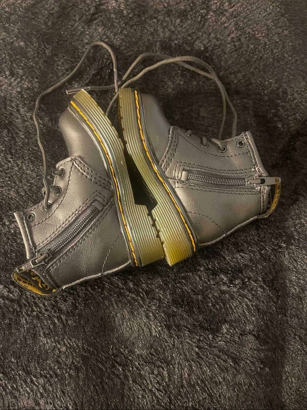 NWOT TODDLER Dr. Martens 1460 Black Lace-Up Boots with Yellow Trim NEVER WORN